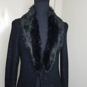 White House Black Market Knit Sequins Open-Front Longline Black Cardigan